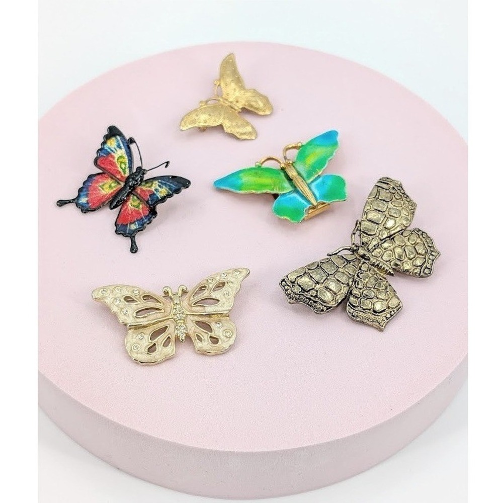 VTG Butterfly Brooch Scarf Clip Lot 5pc Enamel‎ Gold Tone Whimsy Spring Summer